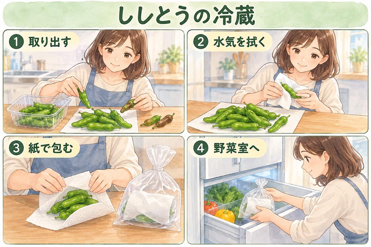 図解:ししとうの冷蔵(取り出す・水気を拭く・紙で包む・野菜室へ)