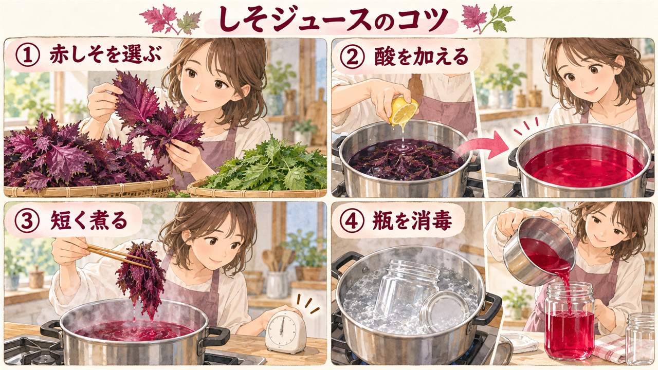 図解：しそジュースのコツ（赤しそを選ぶ・酸を加える・短く煮る・瓶を消毒）