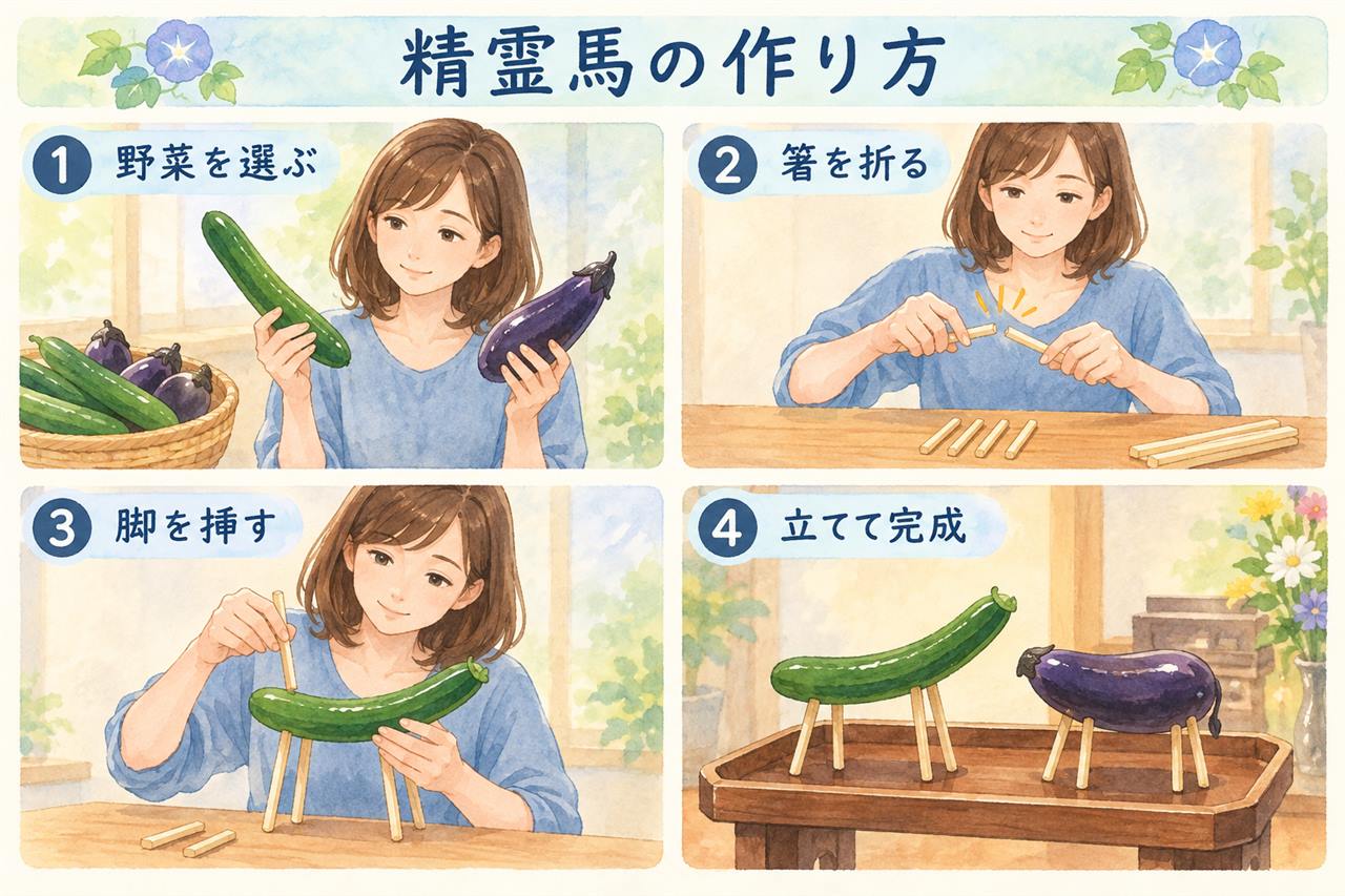 図解:精霊馬の作り方(野菜を選ぶ・箸を折る・脚を挿す・立てて完成)