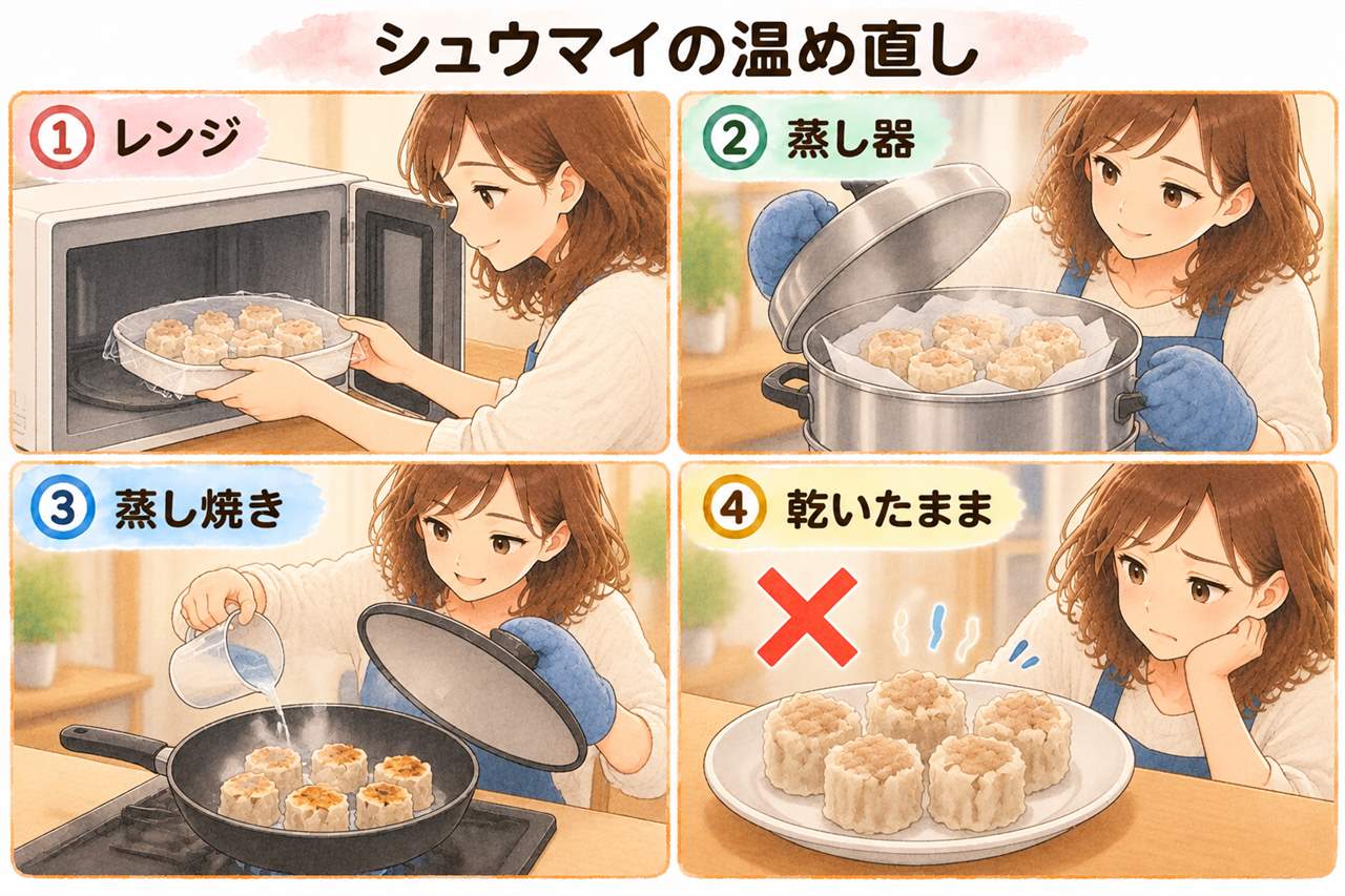 図解:シュウマイの温め直し(レンジ・蒸し器・蒸し焼き・乾いたまま)