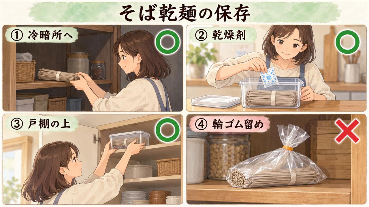 図解：そば乾麺の保存（冷暗所へ・乾燥剤・戸棚の上・輪ゴム留め）
