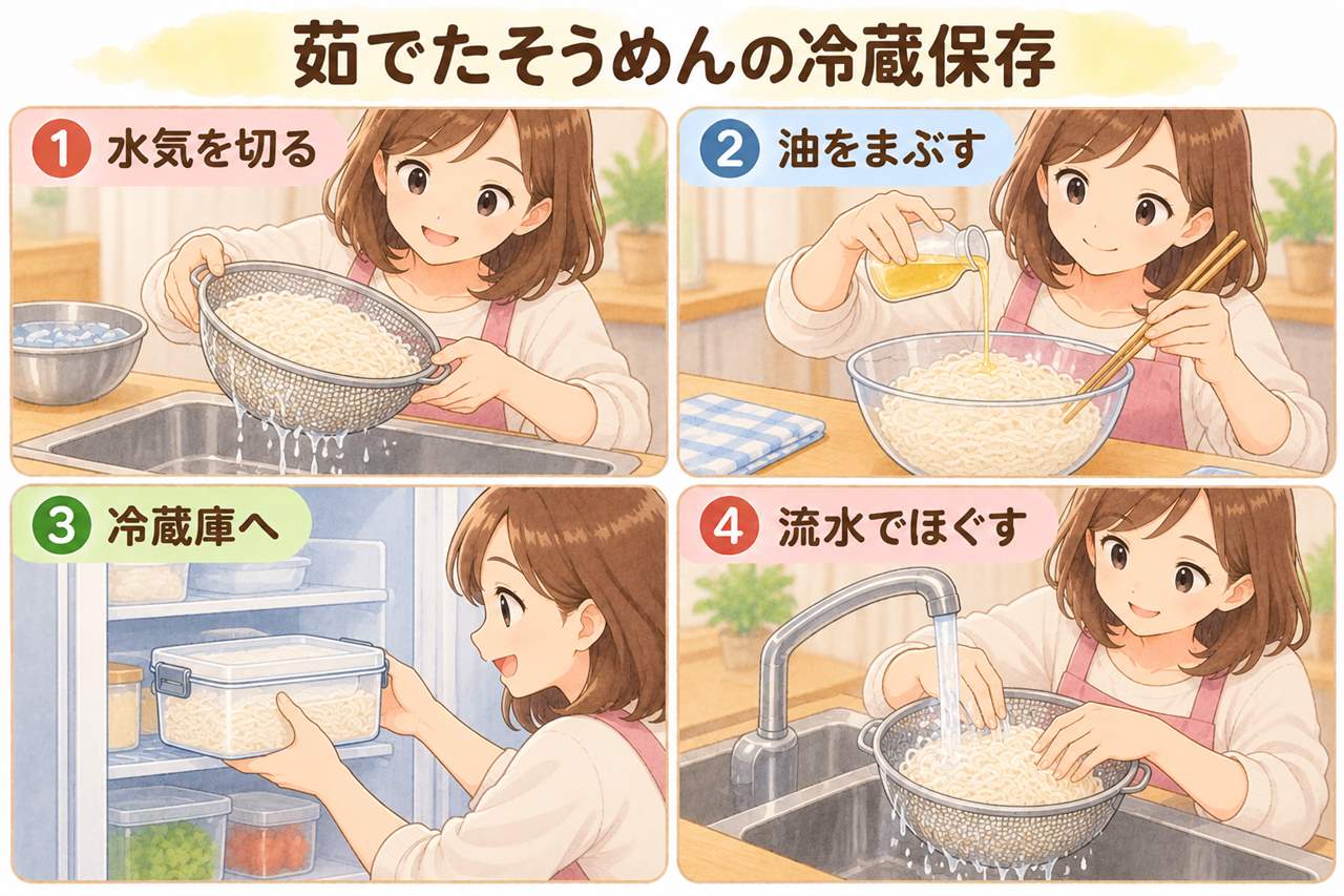 図解:茹でたそうめんの冷蔵保存