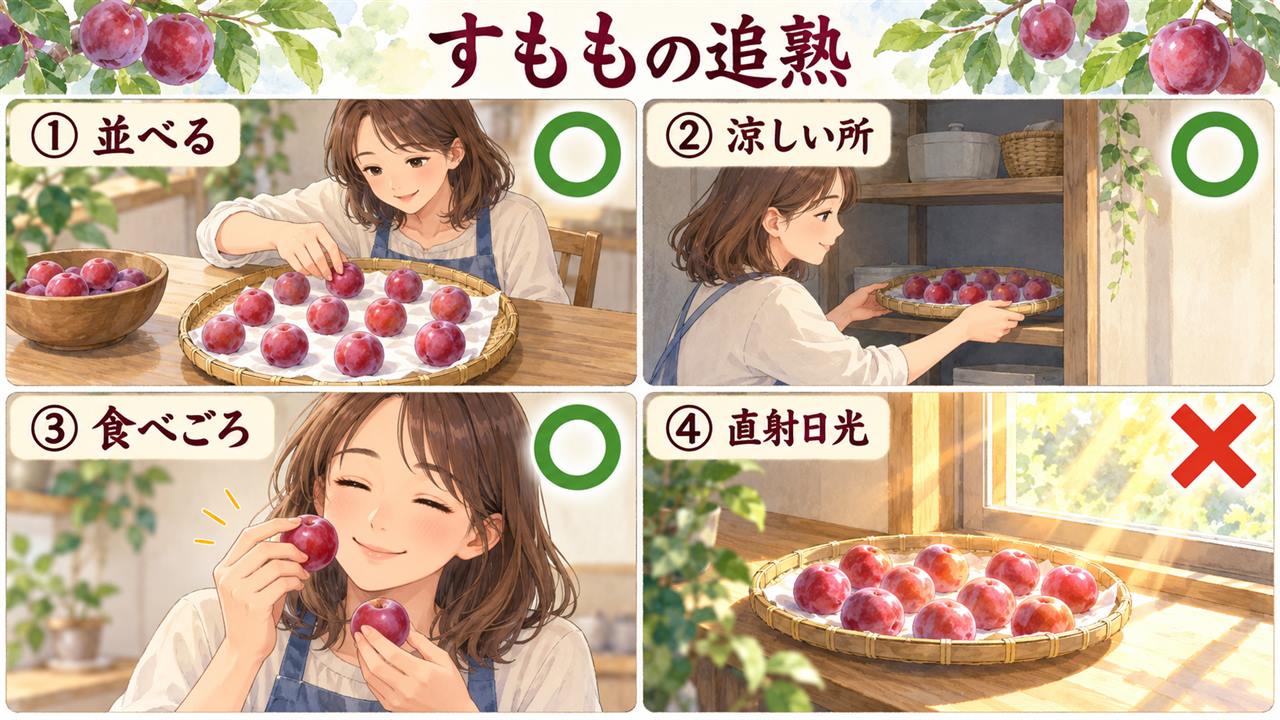図解:すももの追熟(並べる・涼しい所・食べごろ・直射日光)