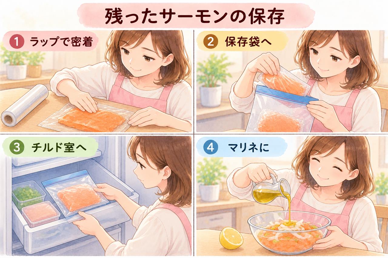 図解:残ったスモークサーモンの保存
