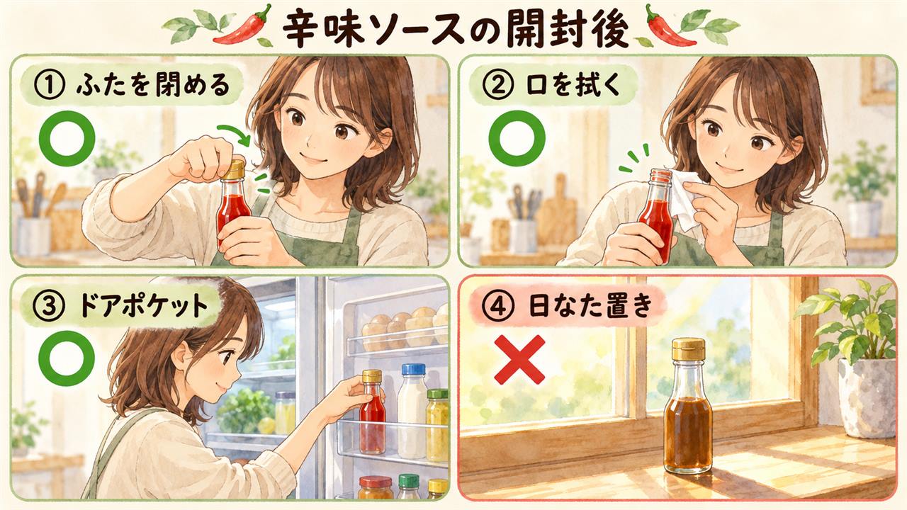 図解:辛味ソースの開封後(ふたを閉める・口を拭く・ドアポケット・日なた置き)
