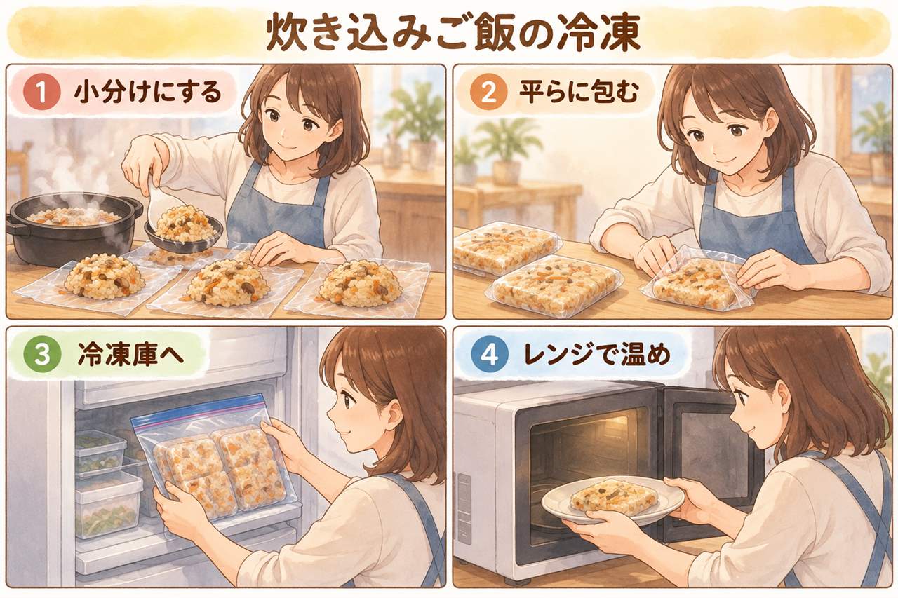 図解:炊き込みご飯の冷凍(小分けにする・平らに包む・冷凍庫へ・レンジで温め)