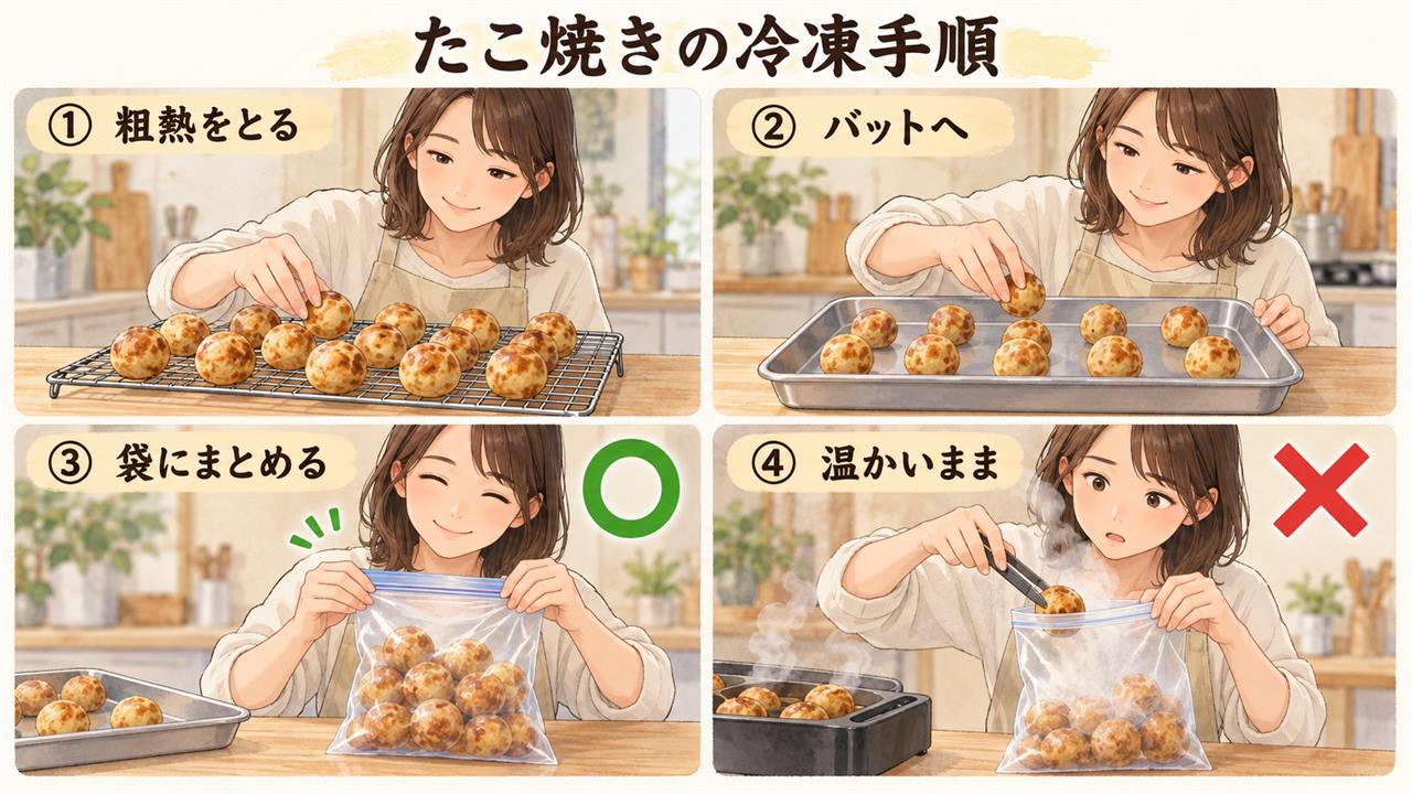 図解:たこ焼きの冷凍手順(粗熱をとる・バットへ・袋にまとめる・温かいまま)