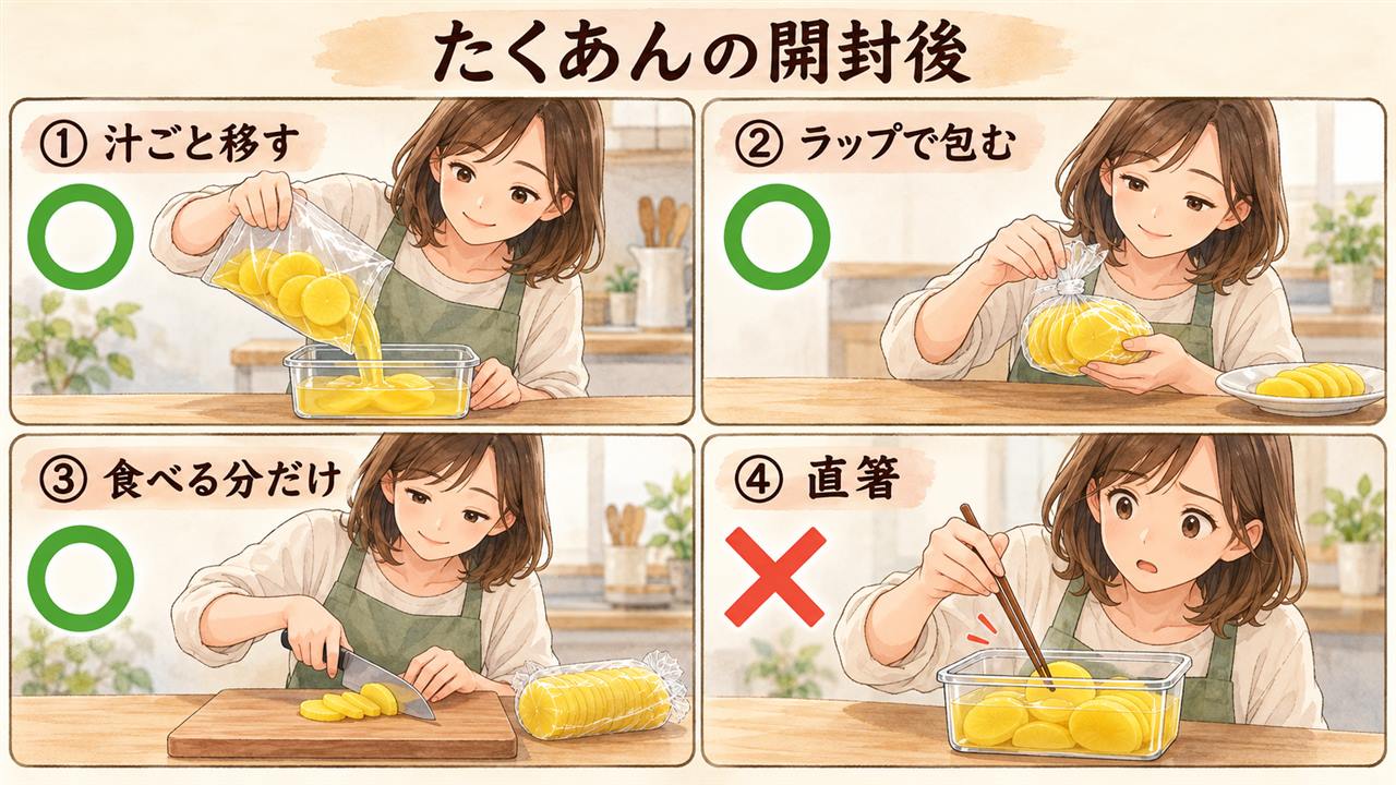 図解:たくあんの開封後(汁ごと移す・ラップで包む・食べる分だけ・直箸)