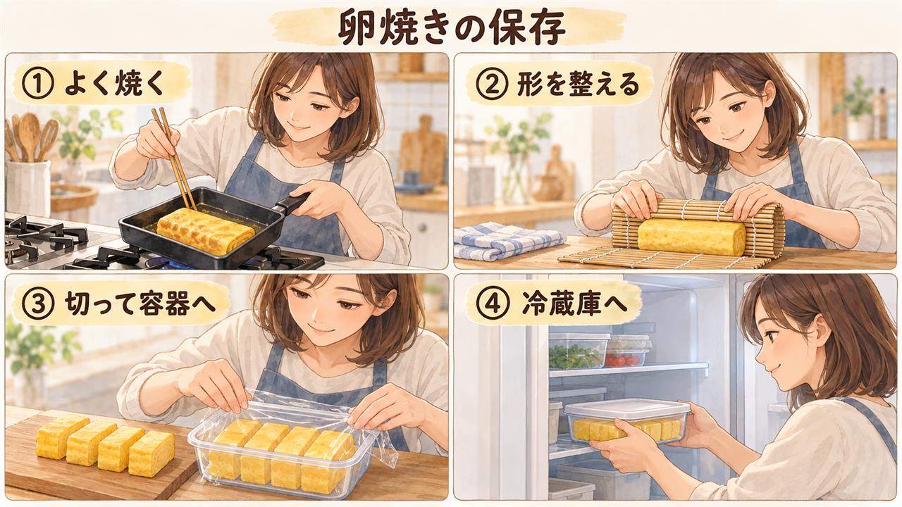 図解:卵焼きの保存(よく焼く・形を整える・切って容器へ・冷蔵庫へ)