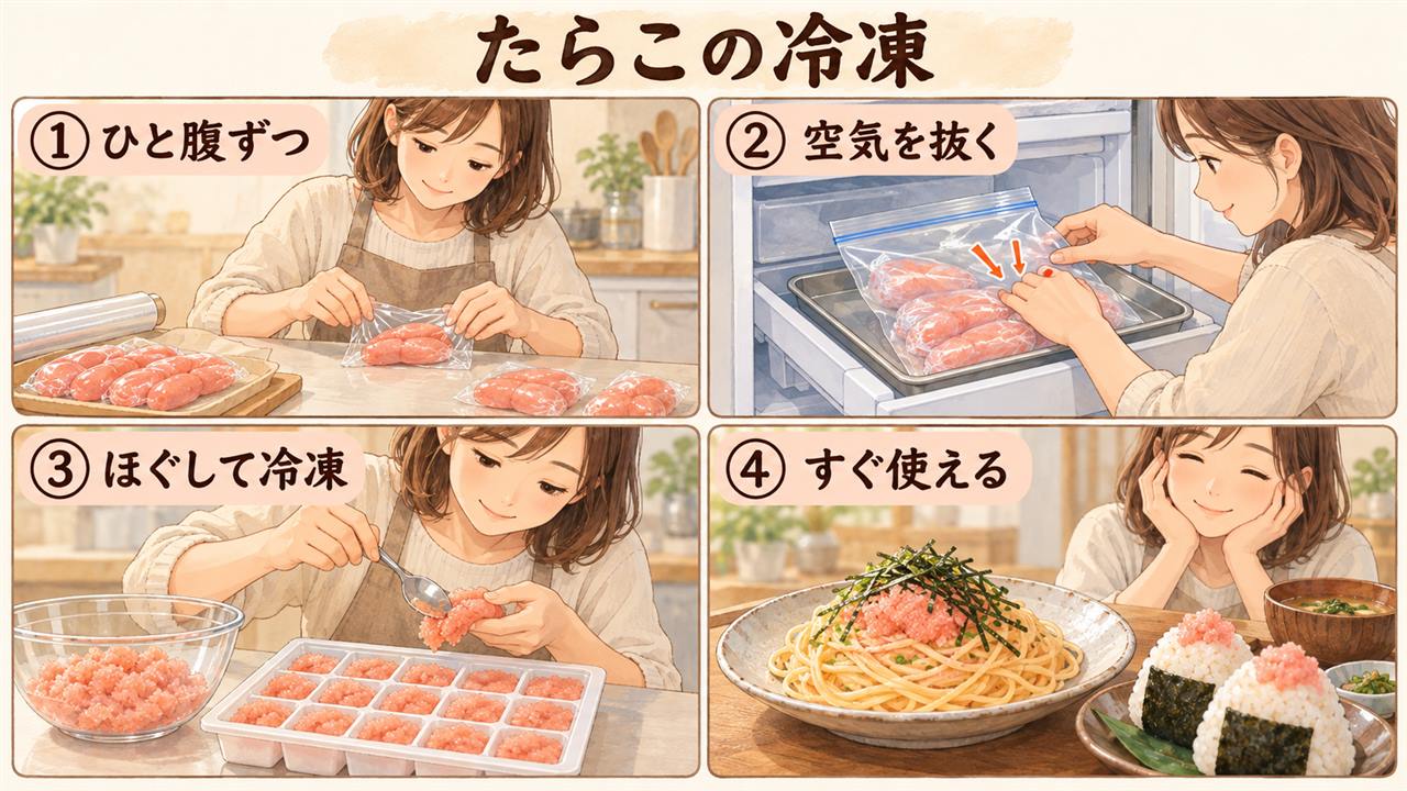 図解:たらこの冷凍(ひと腹ずつ・空気を抜く・ほぐして冷凍・すぐ使える)