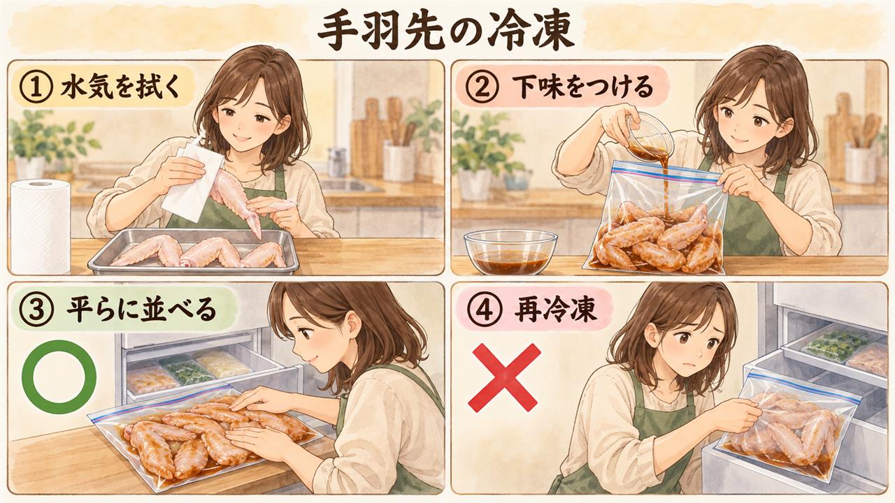 図解：手羽先の冷凍（水気を拭く・下味をつける・平らに並べる・再冷凍）