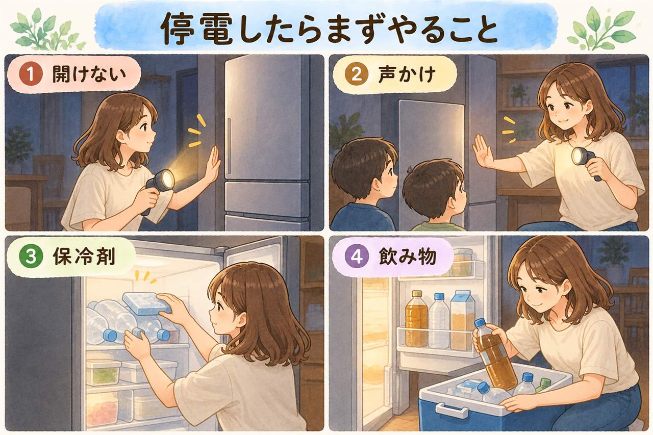 図解：停電したらまずやること（開けない・声かけ・保冷剤・飲み物）