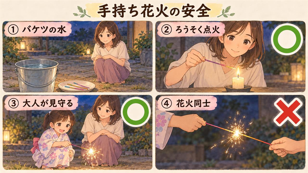 図解：手持ち花火の安全（バケツの水・ろうそく点火・大人が見守る・花火同士）