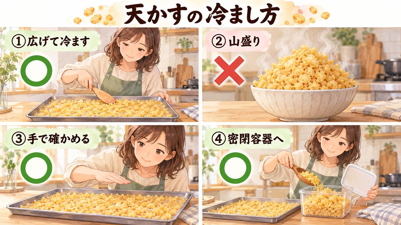 図解:天かすの冷まし方(広げて冷ます・山盛り・手で確かめる・密閉容器へ)