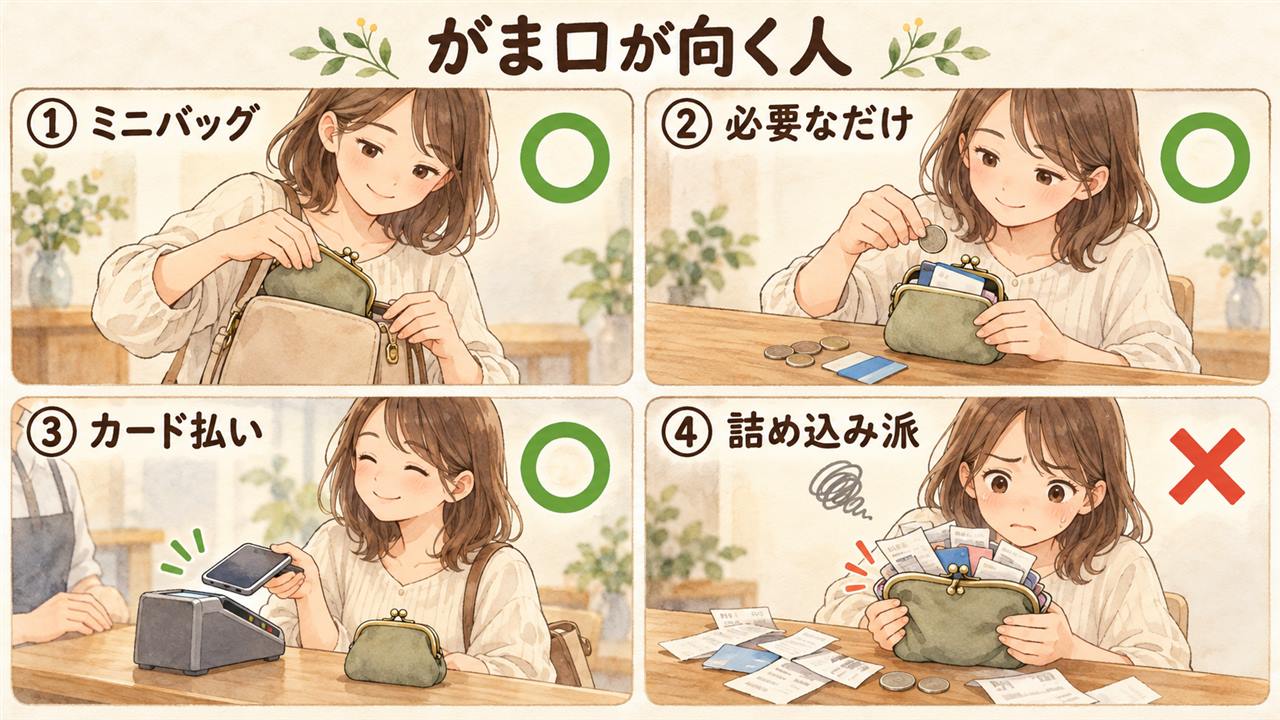 図解：がま口が向く人（ミニバッグ・必要なだけ・カード払い・詰め込み派）