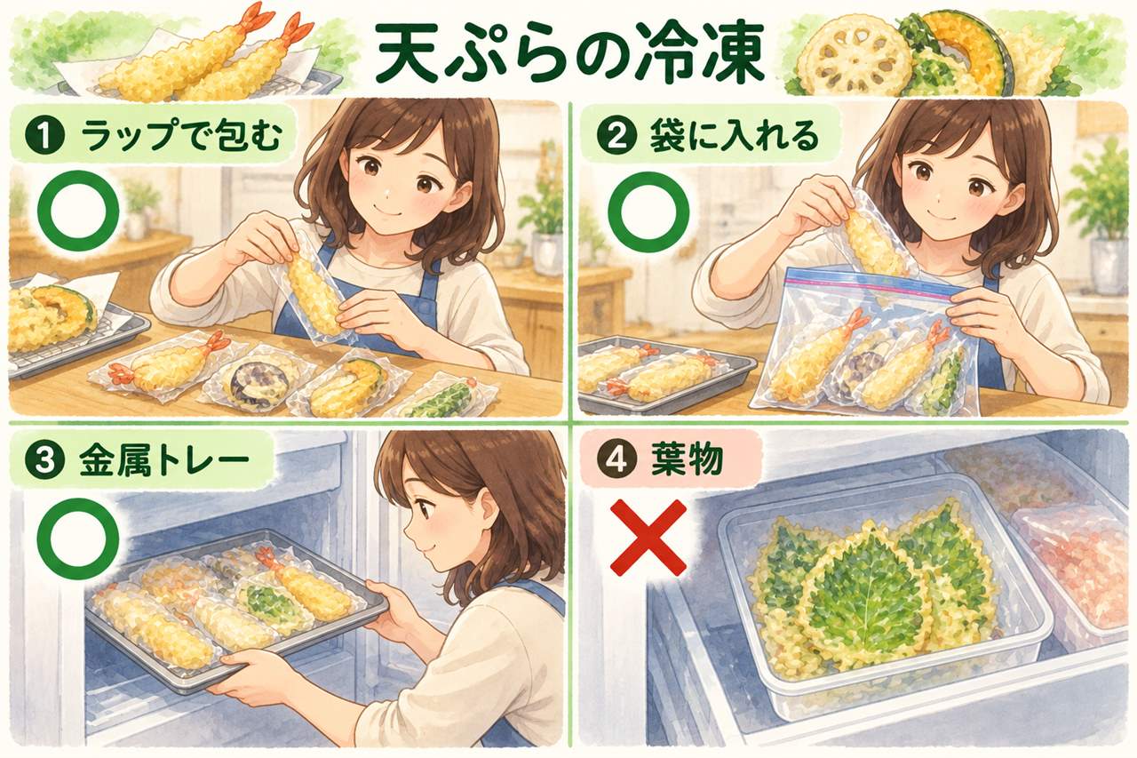 図解：天ぷらの冷凍（ラップで包む・袋に入れる・金属トレー・葉物）