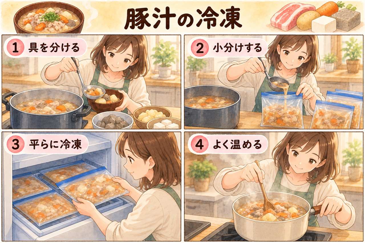 図解:豚汁の冷凍(具を分ける・小分けする・平らに冷凍・よく温める)
