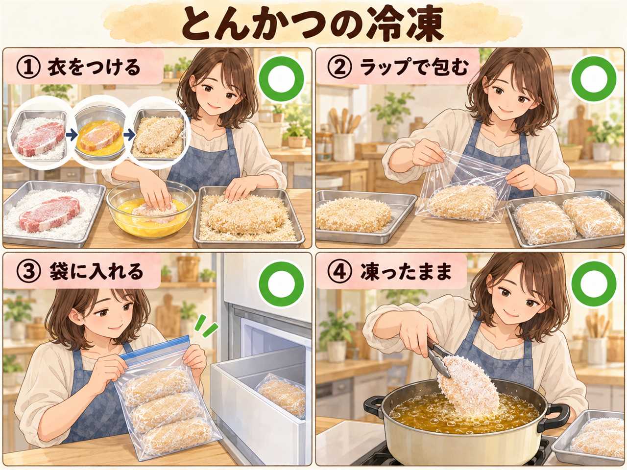 図解:とんかつの冷凍(衣をつける・ラップで包む・袋に入れる・凍ったまま)