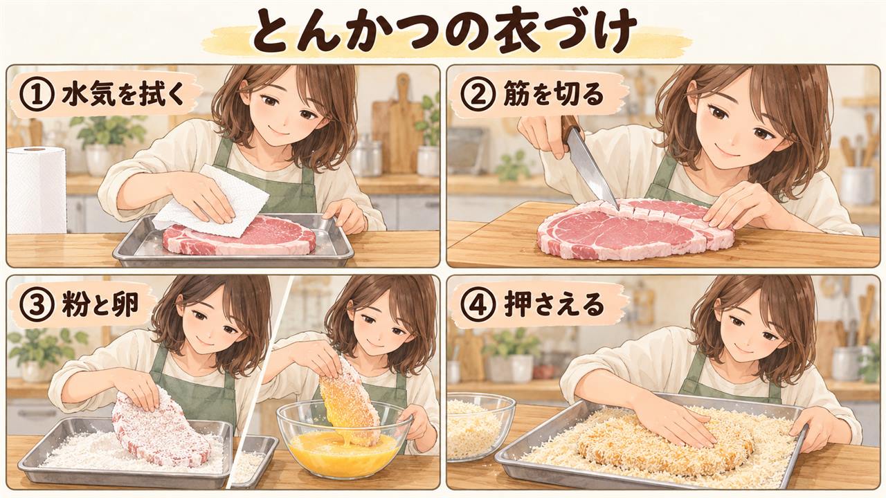 図解:とんかつの衣づけ(水気を拭く・筋を切る・粉と卵・押さえる)