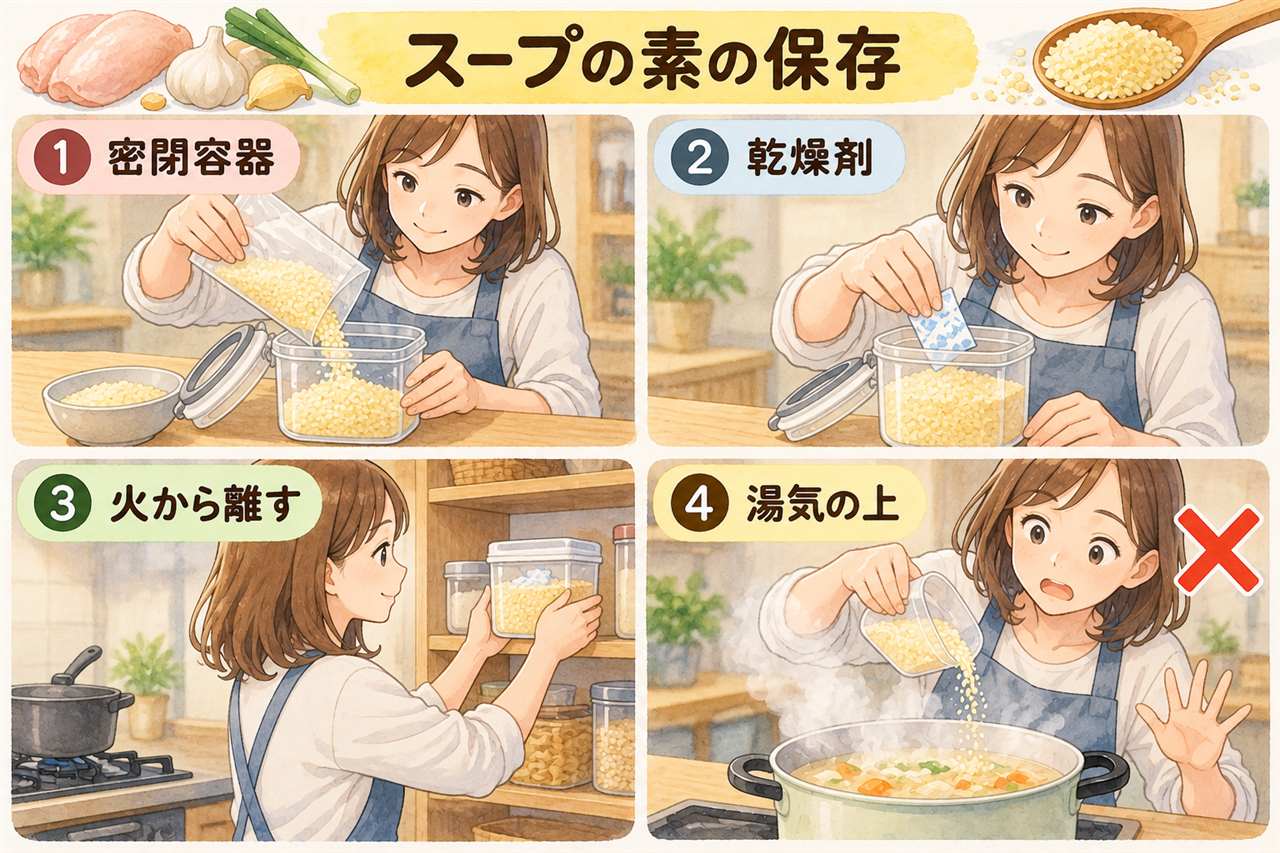 図解：スープの素の保存（密閉容器・乾燥剤・火から離す・湯気の上）