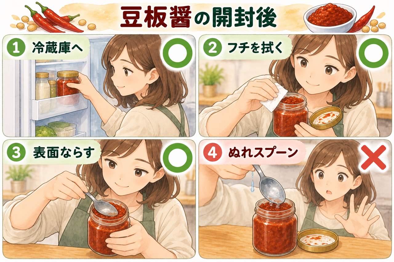 図解：豆板醤の開封後（冷蔵庫へ・フチを拭く・表面ならす・ぬれスプーン）