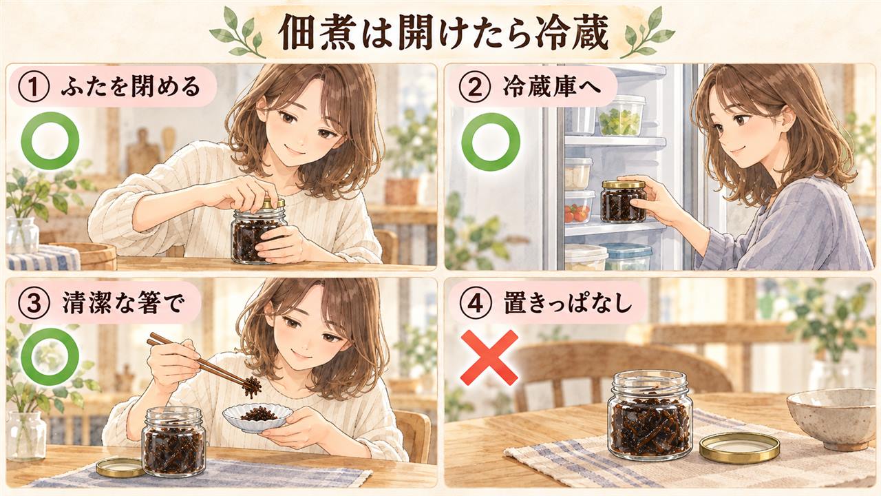 図解:佃煮は開けたら冷蔵(ふたを閉める・冷蔵庫へ・清潔な箸で・置きっぱなし)