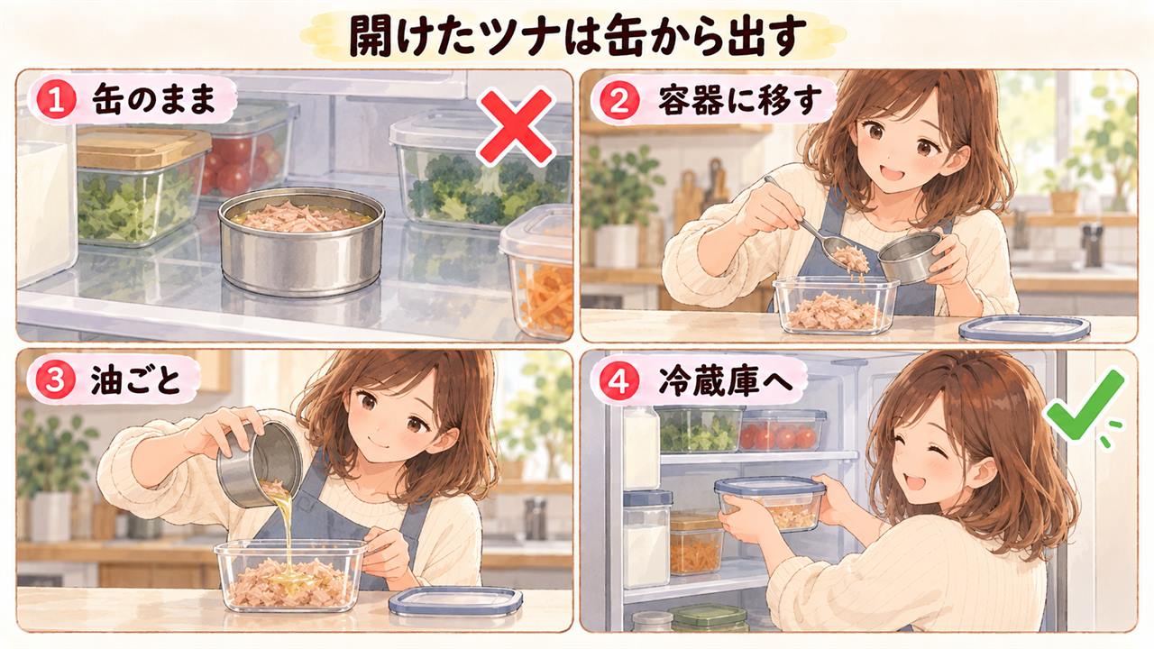 図解:開けたツナは缶から出す