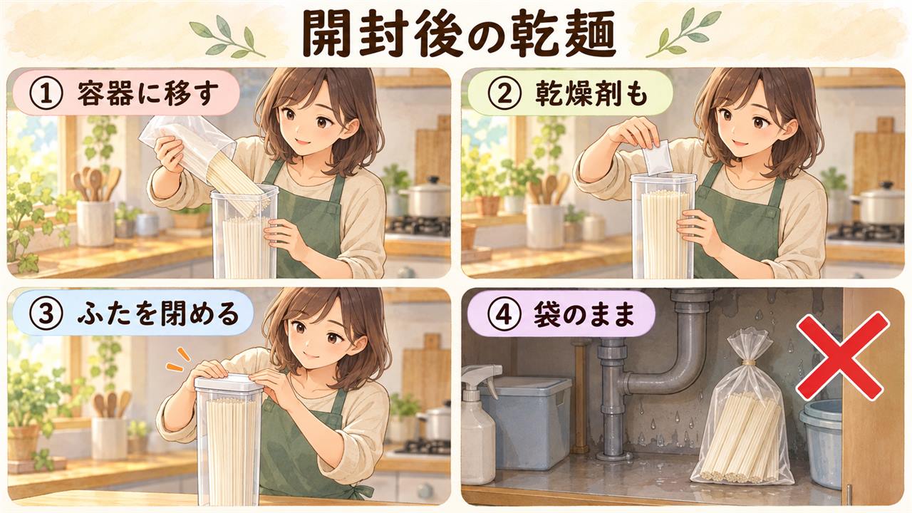 図解:開封後の乾麺(容器に移す・乾燥剤も・ふたを閉める・袋のまま)