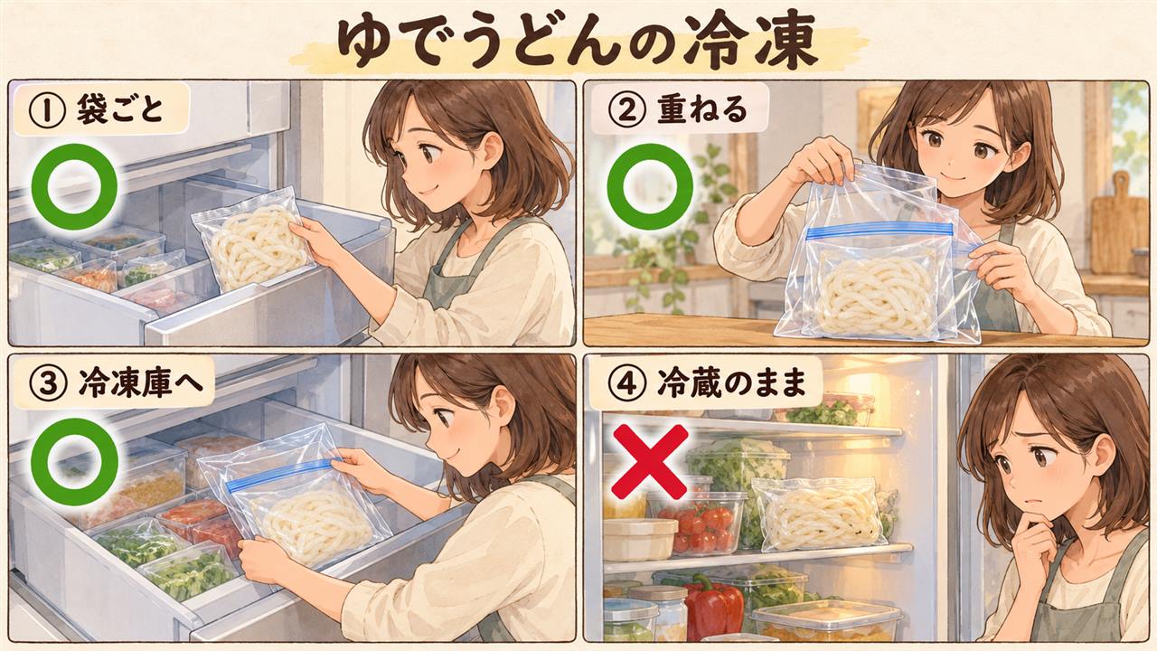 図解:ゆでうどんの冷凍(袋ごと・重ねる・冷凍庫へ・冷蔵のまま)