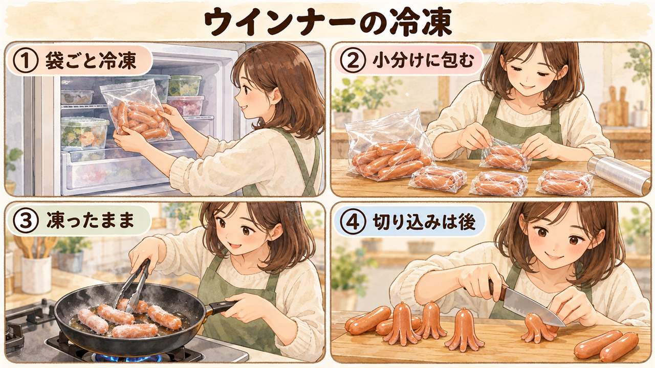 図解：ウインナーの冷凍（袋ごと冷凍・小分けに包む・凍ったまま・切り込みは後）