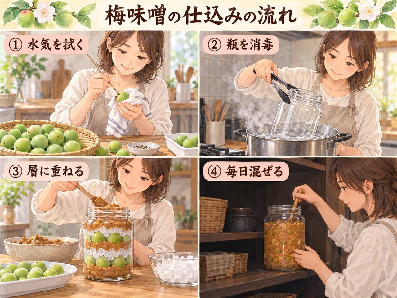図解:梅味噌の仕込みの流れ(水気を拭く・瓶を消毒・層に重ねる・毎日混ぜる)