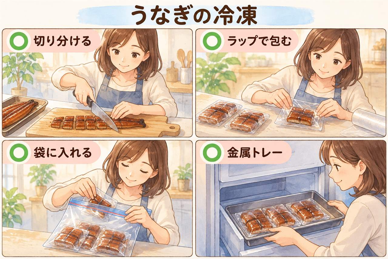 図解：うなぎの冷凍（切り分ける・ラップで包む・袋に入れる・金属トレー）