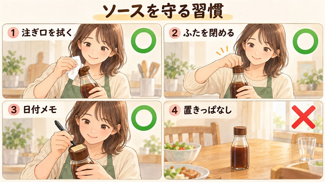 図解:ソースを守る習慣(注ぎ口を拭く・ふたを閉める・日付メモ・置きっぱなし)