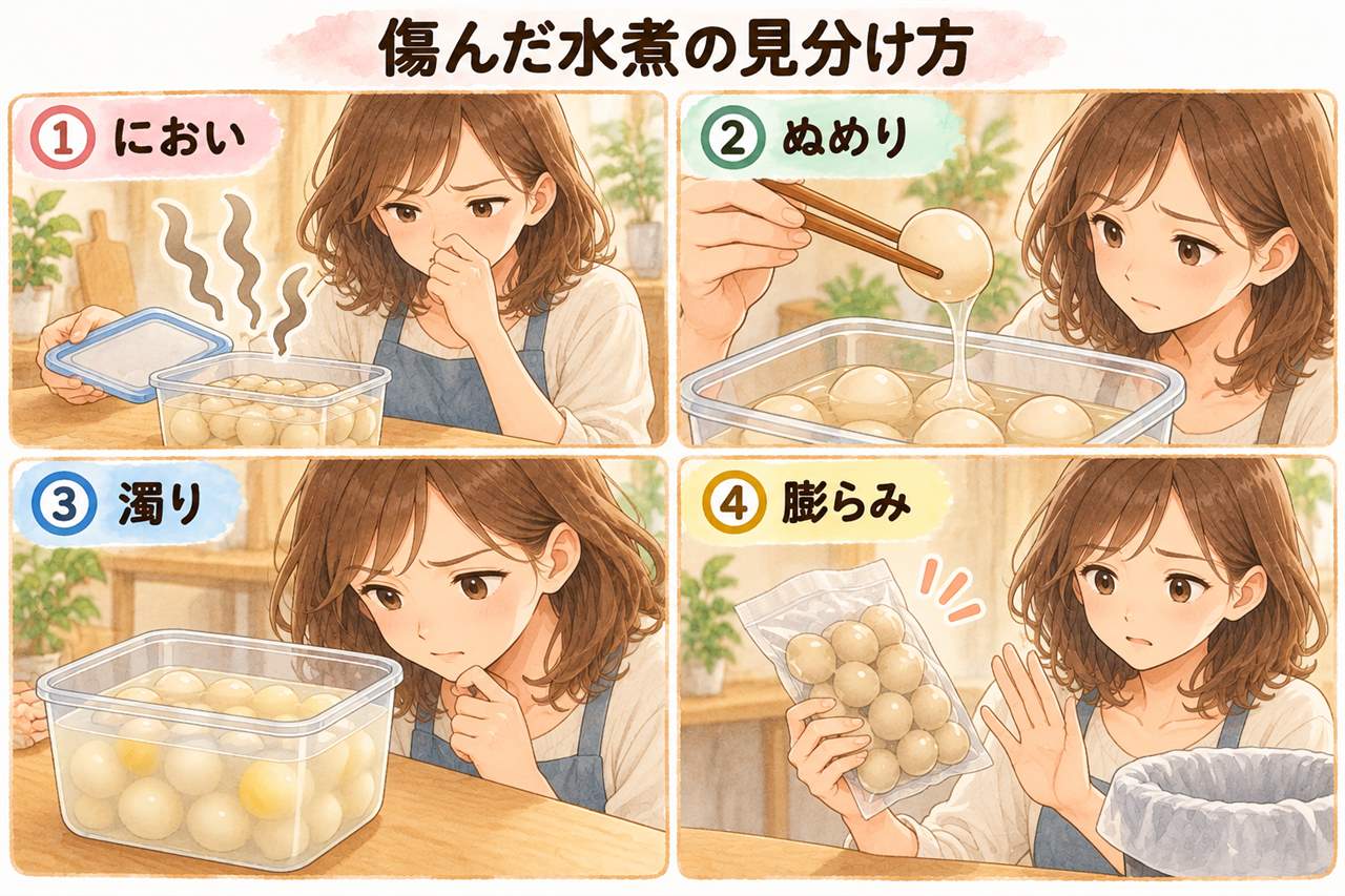 図解:傷んだ水煮の見分け方(におい・ぬめり・濁り・膨らみ)