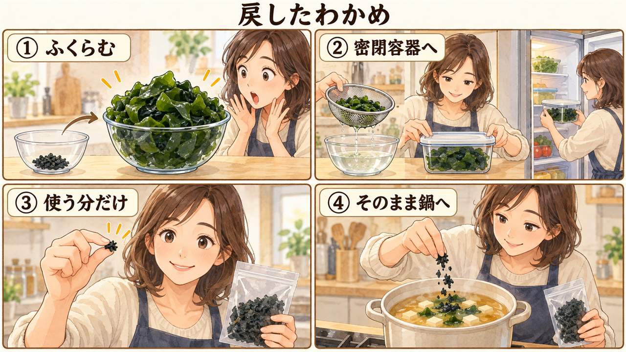 図解：戻したわかめ（ふくらむ・密閉容器へ・使う分だけ・そのまま鍋へ）