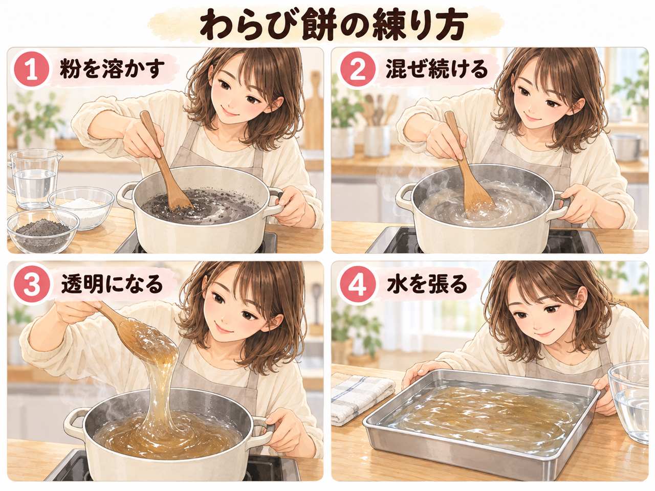 図解:わらび餅の練り方(粉を溶かす・混ぜ続ける・透明になる・水を張る)