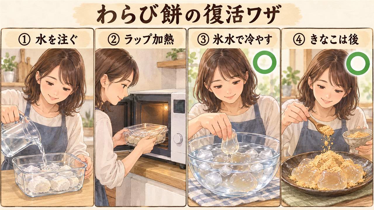 図解：わらび餅の復活ワザ（水を注ぐ・ラップ加熱・氷水で冷やす・きなこは後）