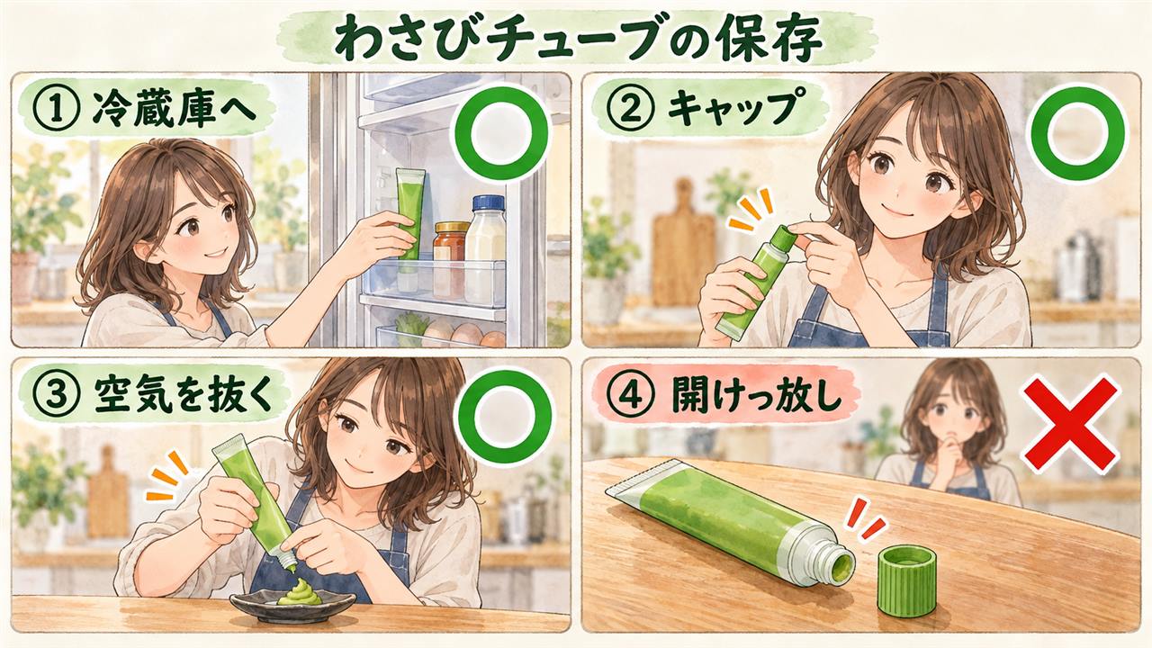 図解:わさびチューブの保存(冷蔵庫へ・キャップ・空気を抜く・開けっ放し)