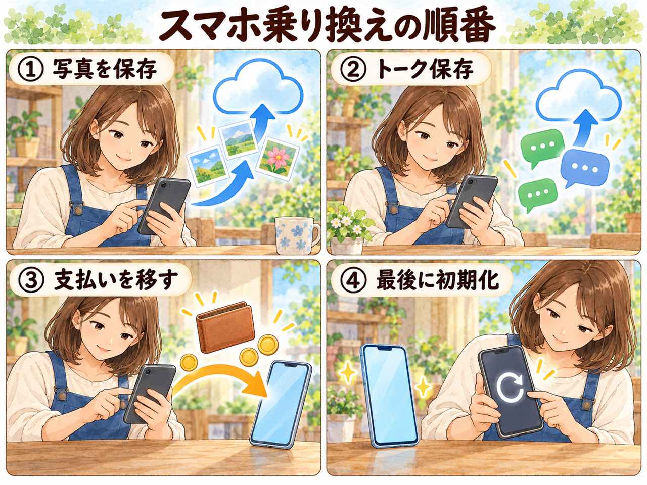 図解:スマホ乗り換えの順番(写真を保存・トーク保存・支払いを移す・最後に初期化)