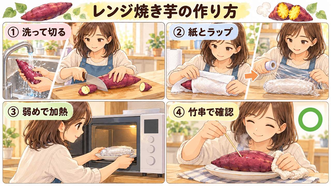 図解：レンジ焼き芋の作り方（洗って切る・紙とラップ・弱めで加熱・竹串で確認）