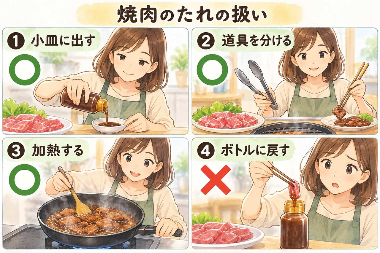 図解：焼肉のたれの扱い（小皿に出す・道具を分ける・加熱する・ボトルに戻す）