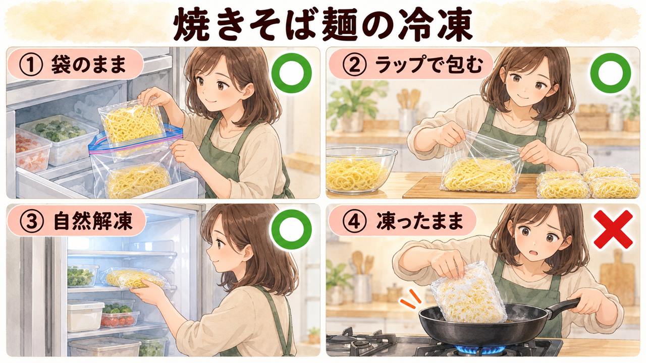 図解：焼きそば麺の冷凍（袋のまま・ラップで包む・自然解凍・凍ったまま）