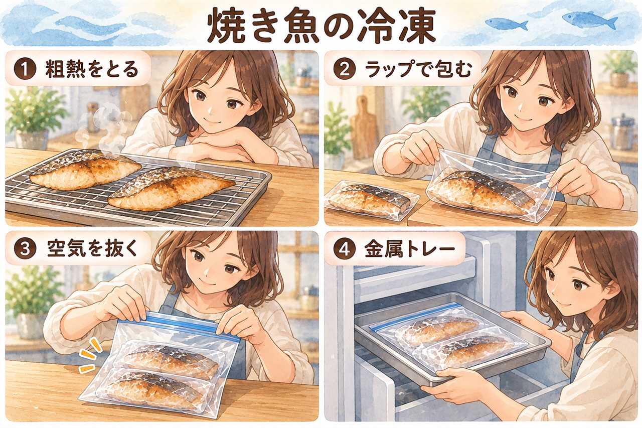 図解：焼き魚の冷凍（粗熱をとる・ラップで包む・空気を抜く・金属トレー）