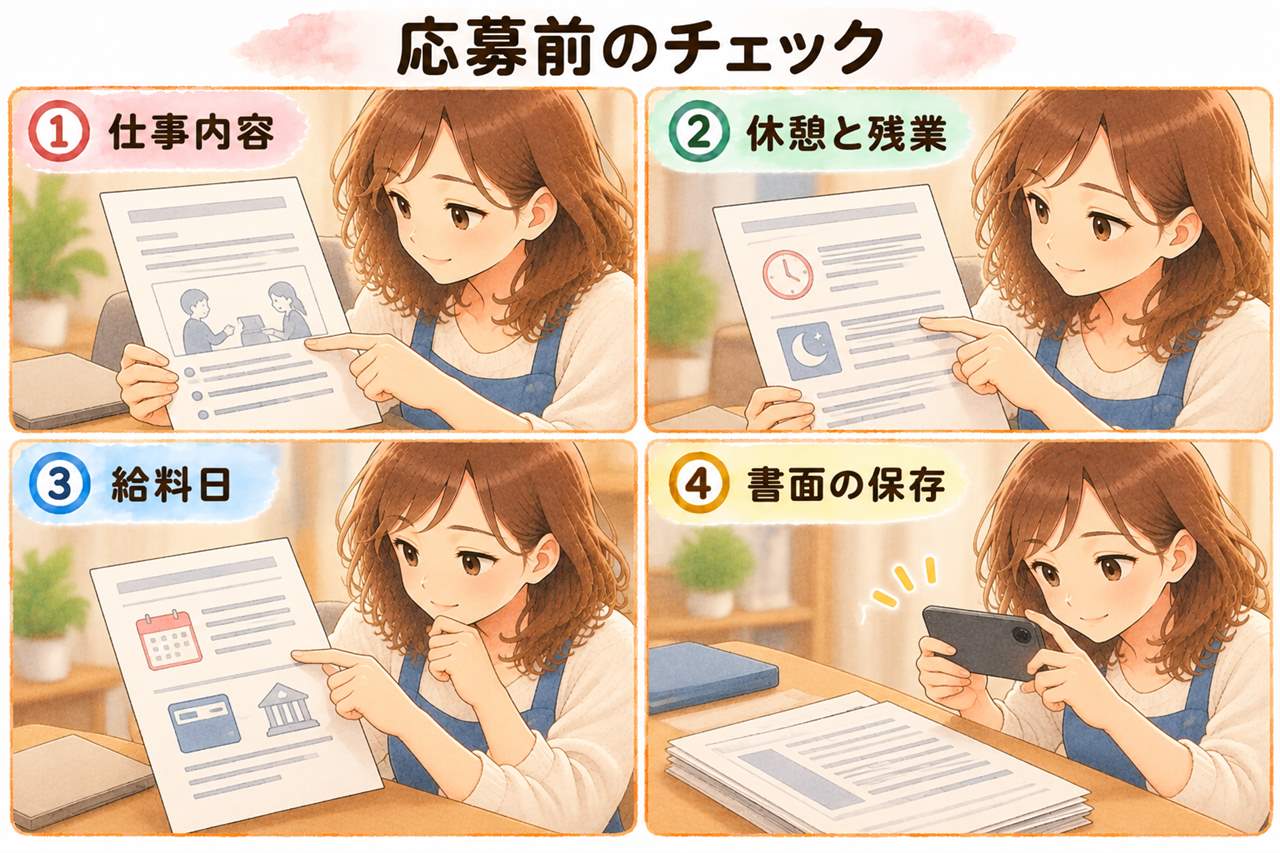 図解：応募前のチェック（仕事内容・休憩と残業・給料日・書面の保存）