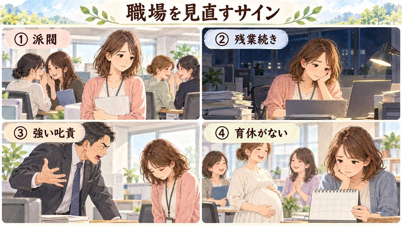 図解:職場を見直すサイン(派閥・残業続き・強い叱責・育休がない)