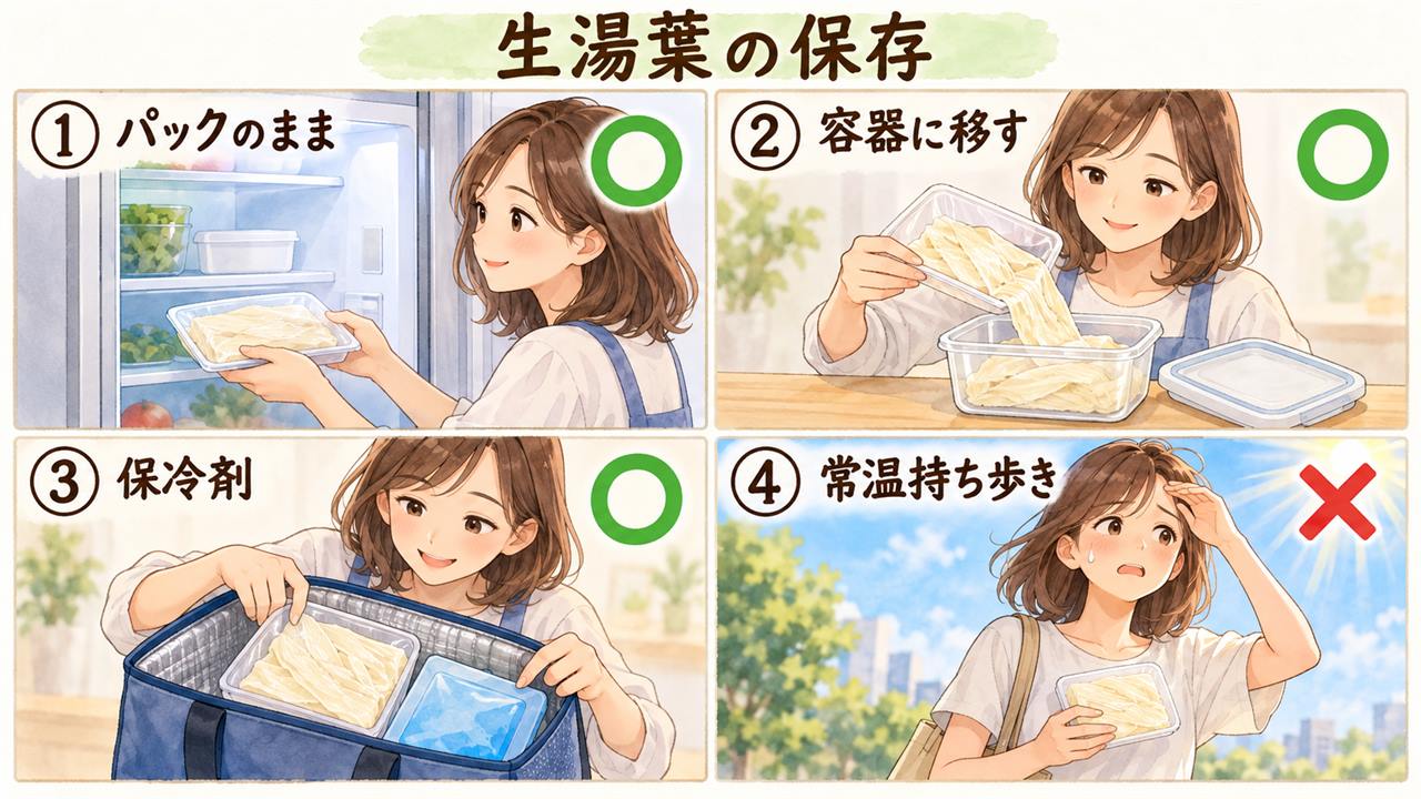 図解：生湯葉の保存（パックのまま・容器に移す・保冷剤・常温持ち歩き）