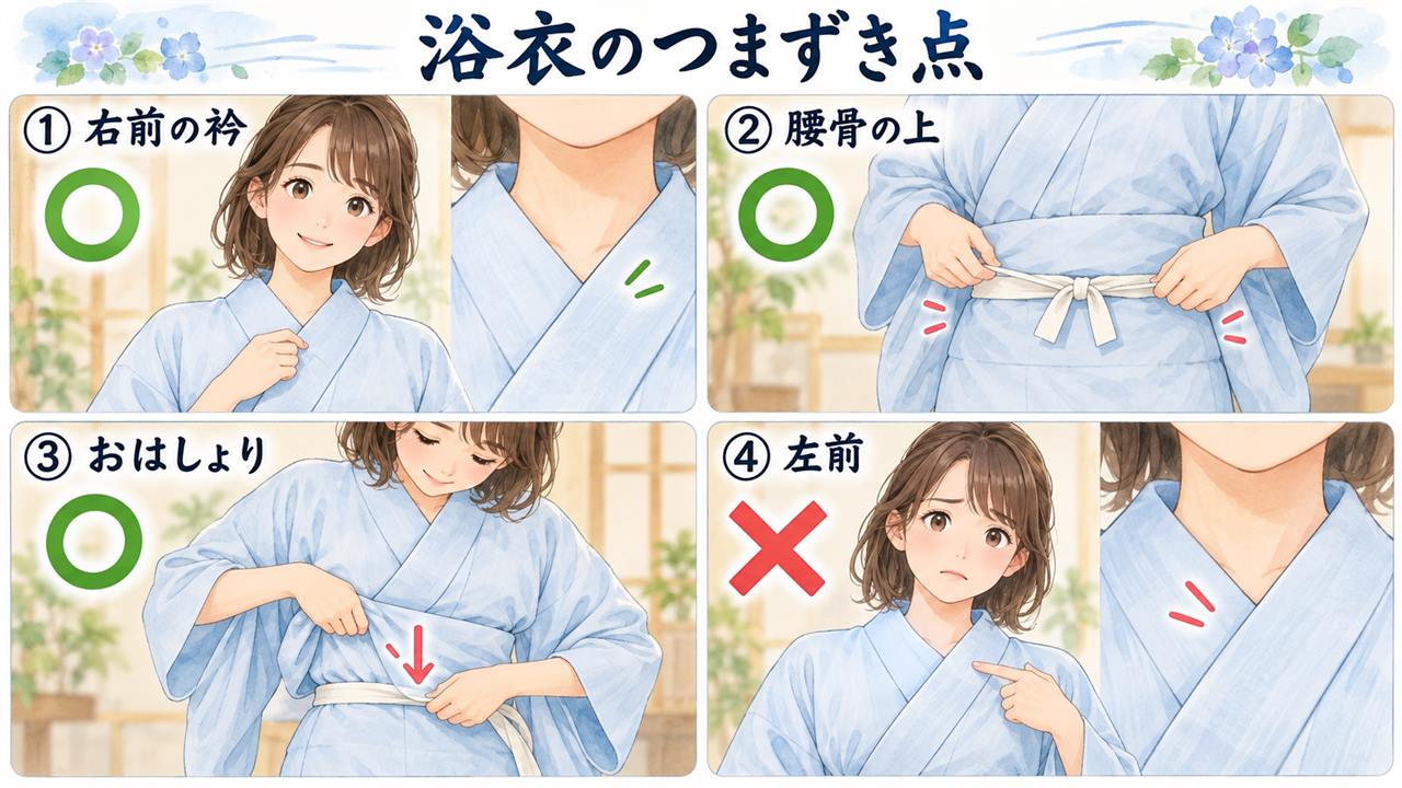 図解:浴衣のつまずき点(右前の衿・腰骨の上・おはしょり・左前)