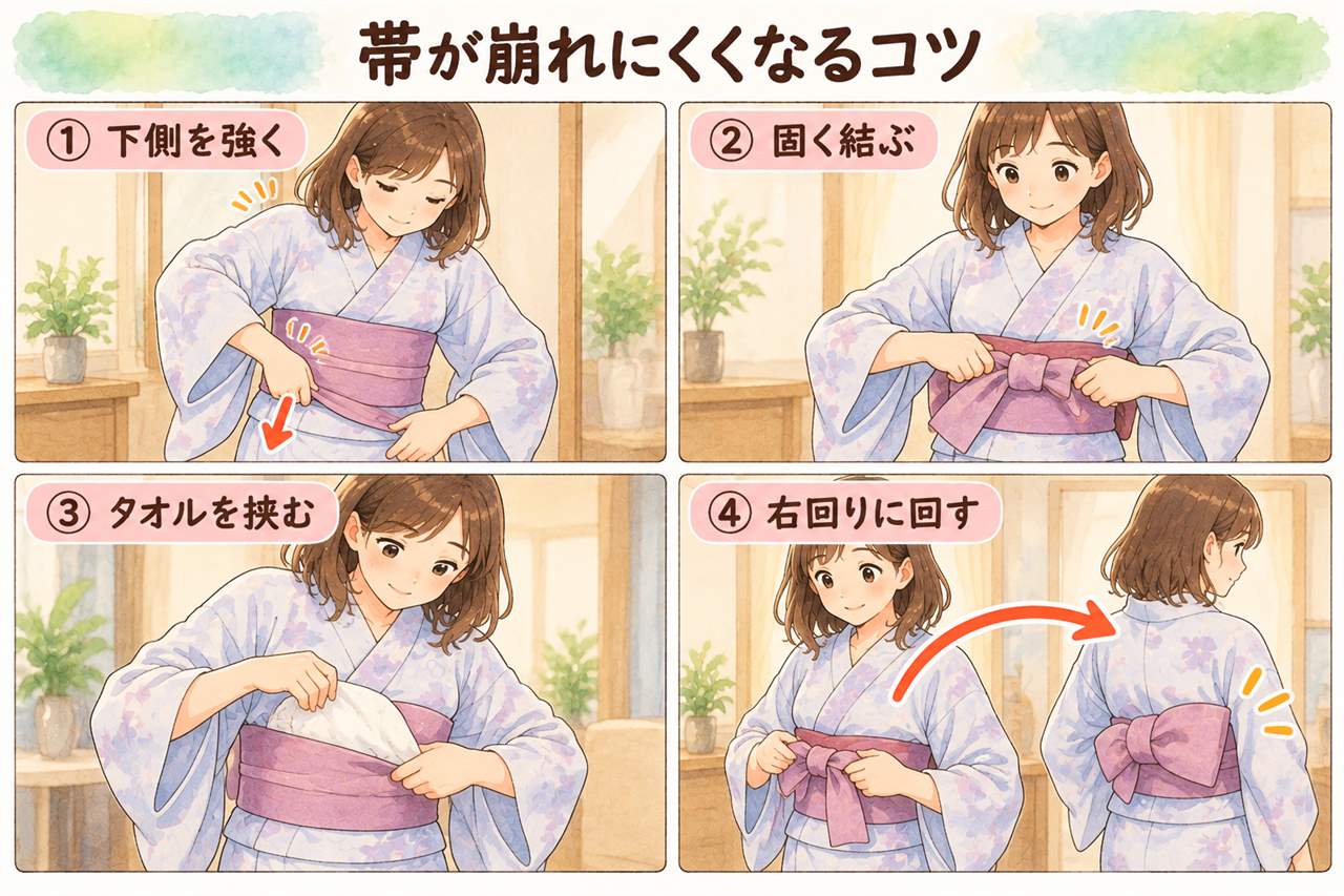 図解：帯が崩れにくくなるコツ（下側を強く・固く結ぶ・タオルを挟む・右回りに回す）