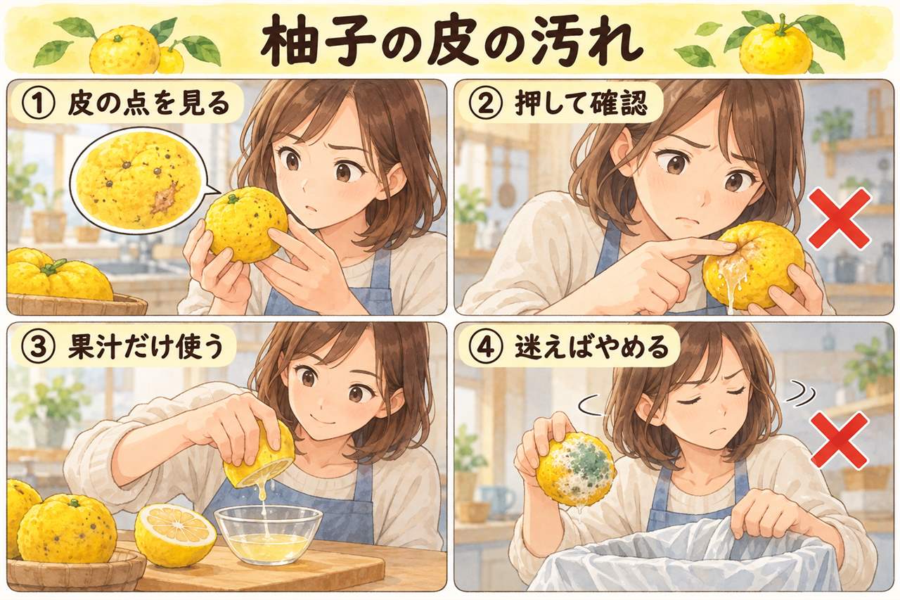 4コマ漫画:柚子の皮の汚れ(皮の点を見る・押して確認・果汁だけ使う・迷えばやめる)
