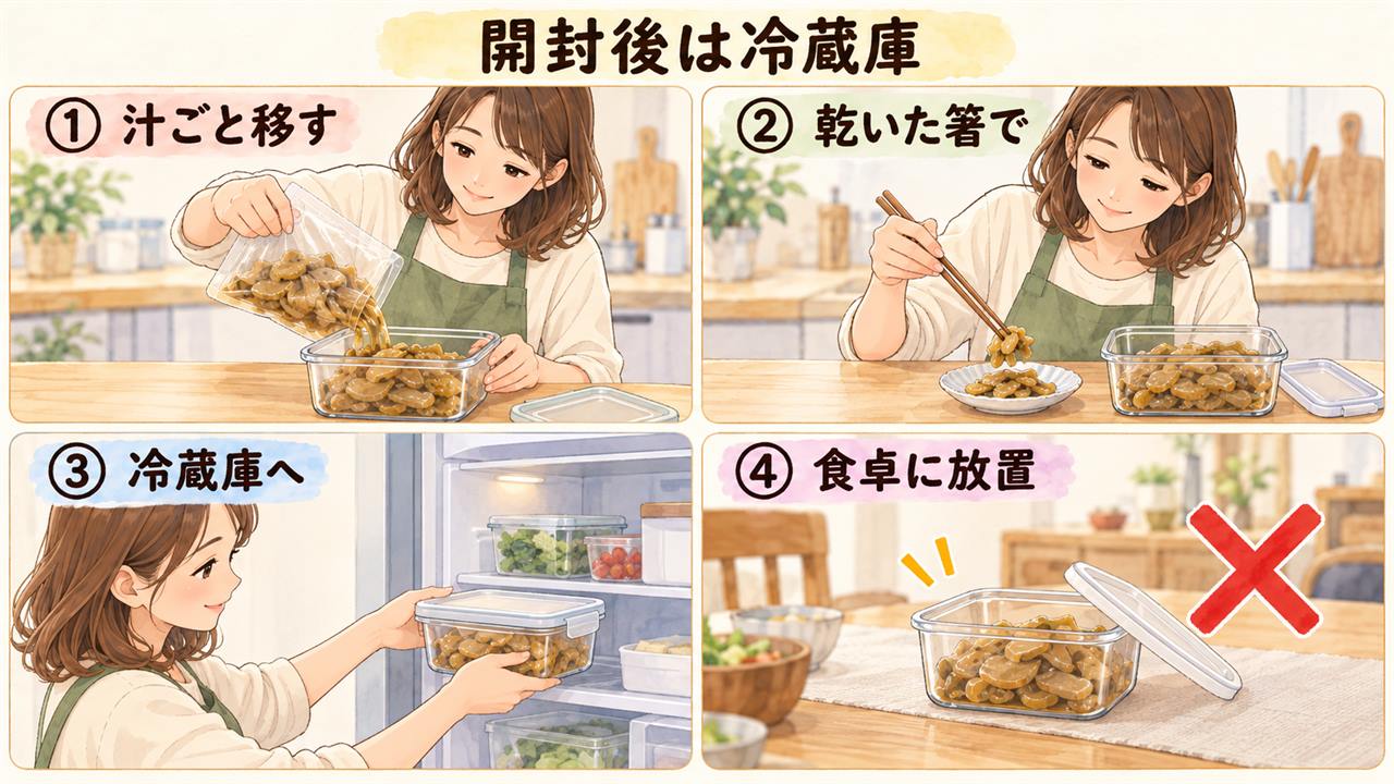 図解：開封後は冷蔵庫（汁ごと移す・乾いた箸で・冷蔵庫へ・食卓に放置）